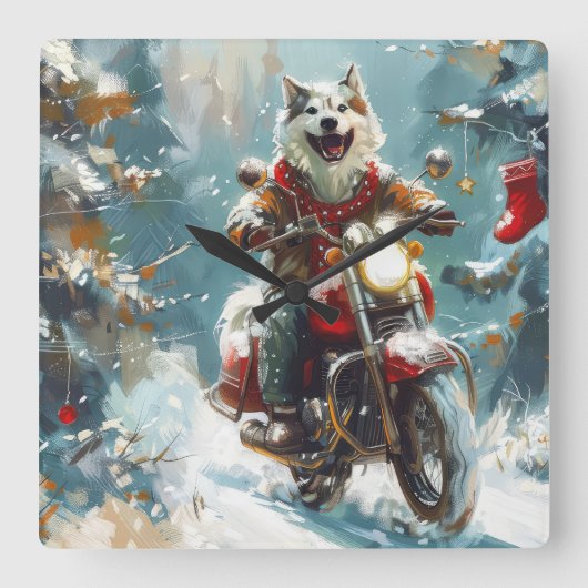 Alaskan Malamute Hond Rijden Motorfiets Kerstmis Vierkante Klok (Voorkant)