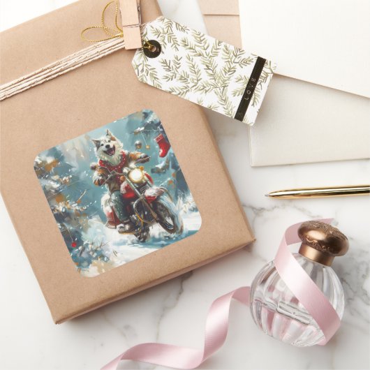 Alaskan Malamute Hond Rijden Motorfiets Kerstmis Vierkante Sticker (Geschenken)
