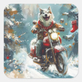 Alaskan Malamute Hond Rijden Motorfiets Kerstmis Vierkante Sticker (Voorkant)