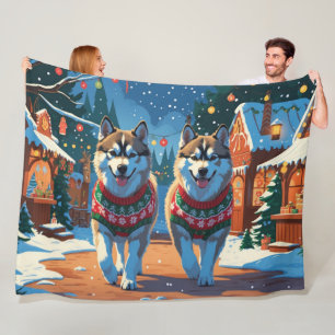 Alaskan Malamute Honden Kerst Sneeuw Vakantie  Fleece Deken