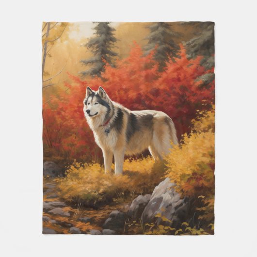 Alaskan Malamute in de herfst laat Herfst geïnspir Fleece Deken (Voorkant)