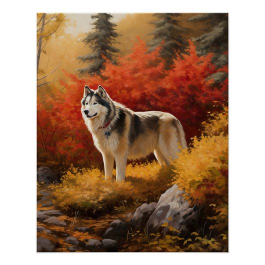 Alaskan Malamute in de herfst laat Herfst geïnspir Perfect Poster (Voorkant)