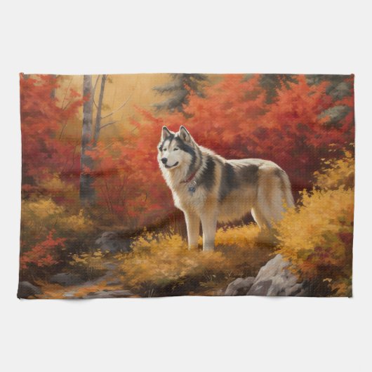Alaskan Malamute in de herfst laat Herfst geïnspir Theedoek (Horizontaal)