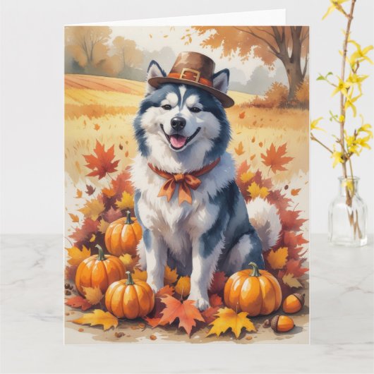 Alaskan Malamute in de herfst verlaat Thanksgiving Kaart (Gele Bloem)