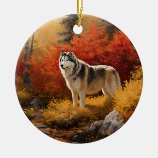 Alaskan Malamute in door herfstbladeren geïnspiree Keramisch Ornament (Voorkant)