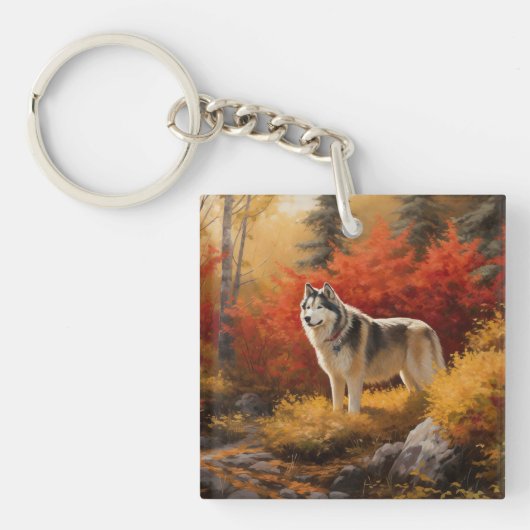 Alaskan Malamute in door herfstbladeren geïnspiree Sleutelhanger (voorkant)