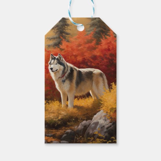 Alaskan Malamute in herfstbladeren val geïnspiree Cadeaulabel (Voorkant)