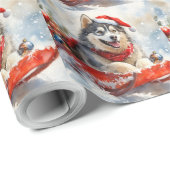 Alaskan Malamute in Sledge Laat het Sneeuw Kerstmi Cadeaupapier (Rol Hoek)