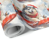 Alaskan Malamute in Sledge Laat het Sneeuw Kerstmi Cadeaupapier (Rol Hoek)