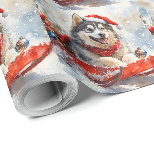 Alaskan Malamute in Sledge Laat het Sneeuw Kerstmi Cadeaupapier (Rol Hoek)