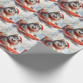 Alaskan Malamute in Sledge Laat het Sneeuw Kerstmi Cadeaupapier (Hoek)
