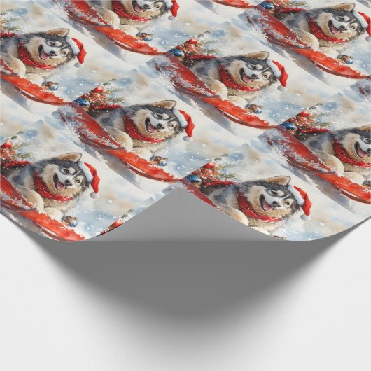 Alaskan Malamute in Sledge Laat het Sneeuw Kerstmi Cadeaupapier (Hoek)