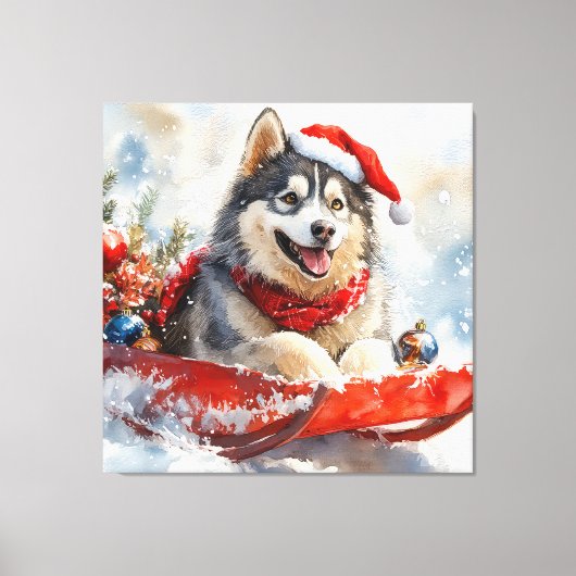 Alaskan Malamute in Sledge Laat het Sneeuw Kerstmi Canvas Afdruk (Voorkant)