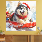 Alaskan Malamute in Sledge Laat het Sneeuw Kerstmi Canvas Afdruk (Insitu (Woonkamer))
