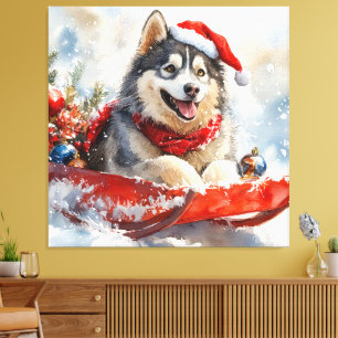Alaskan Malamute in Sledge Laat het Sneeuw Kerstmi Canvas Afdruk