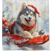 Alaskan Malamute in Sledge Laat het Sneeuw Kerstmi Douchegordijn (Voorkant)