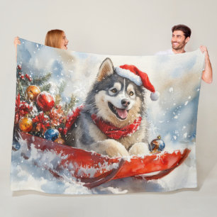 Alaskan Malamute in Sledge Laat het Sneeuw Kerstmi Fleece Deken