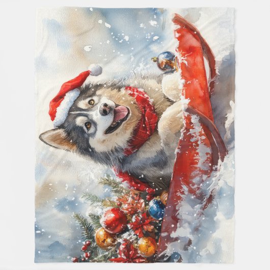 Alaskan Malamute in Sledge Laat het Sneeuw Kerstmi Fleece Deken (Voorkant)