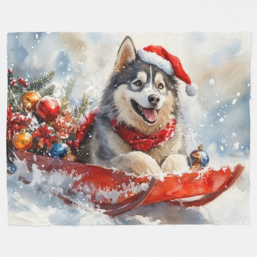 Alaskan Malamute in Sledge Laat het Sneeuw Kerstmi Fleece Deken (Voorkant (Horizontaal))
