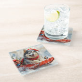 Alaskan Malamute in Sledge Laat het Sneeuw Kerstmi Glazen Onderzetter (Schuin)