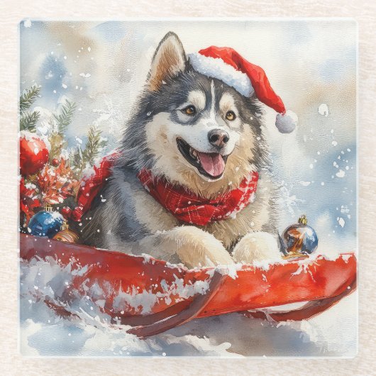 Alaskan Malamute in Sledge Laat het Sneeuw Kerstmi Glazen Onderzetter (Voorkant)