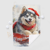 Alaskan Malamute in Sledge Laat het Sneeuw Kerstmi Golfhanddoek (Insitu)