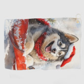 Alaskan Malamute in Sledge Laat het Sneeuw Kerstmi Golfhanddoek (Horizontaal)