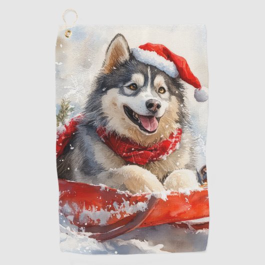 Alaskan Malamute in Sledge Laat het Sneeuw Kerstmi Golfhanddoek (Voorkant)