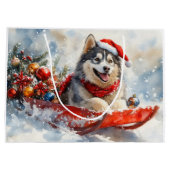 Alaskan Malamute in Sledge Laat het Sneeuw Kerstmi Groot Cadeauzakje (Achterkant)