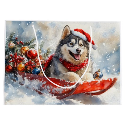 Alaskan Malamute in Sledge Laat het Sneeuw Kerstmi Groot Cadeauzakje (Achterkant)