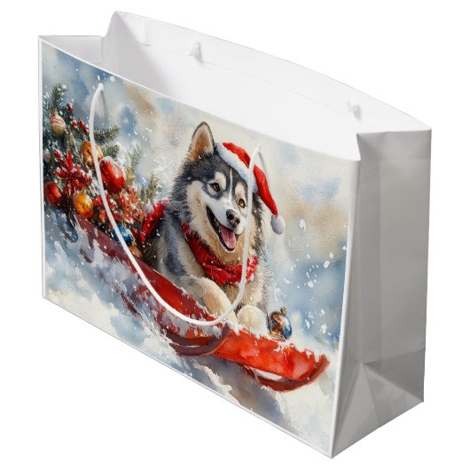 Alaskan Malamute in Sledge Laat het Sneeuw Kerstmi Groot Cadeauzakje (Achterkant Gekanteld)