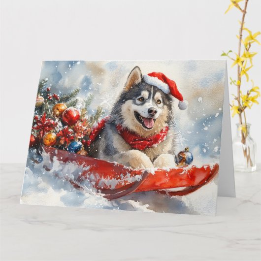Alaskan Malamute in Sledge Laat het Sneeuw Kerstmi Kaart (Gele Bloem)