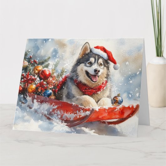Alaskan Malamute in Sledge Laat het Sneeuw Kerstmi Kaart (Voorkant)