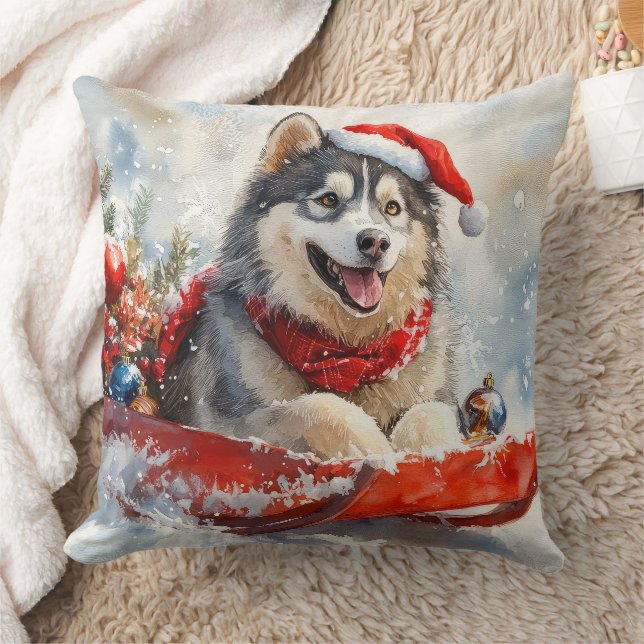 Alaskan Malamute in Sledge Laat het Sneeuw Kerstmi Kussen (Deken)