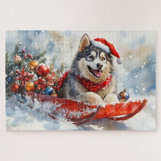 Alaskan Malamute in Sledge Laat het Sneeuw Kerstmi Legpuzzel (Horizontaal)