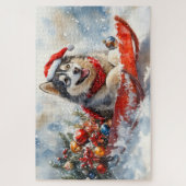 Alaskan Malamute in Sledge Laat het Sneeuw Kerstmi Legpuzzel (Verticaal)