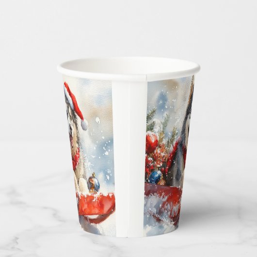 Alaskan Malamute in Sledge Laat het Sneeuw Kerstmi Papieren Bekers (Rechts)