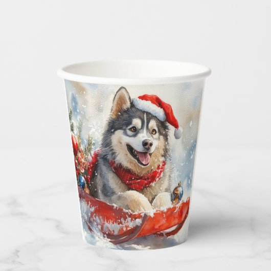 Alaskan Malamute in Sledge Laat het Sneeuw Kerstmi Papieren Bekers (Voorkant)