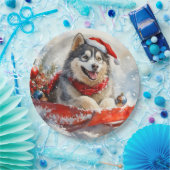 Alaskan Malamute in Sledge Laat het Sneeuw Kerstmi Papieren Bordje (Feest)