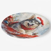 Alaskan Malamute in Sledge Laat het Sneeuw Kerstmi Papieren Bordje (Gekanteld)