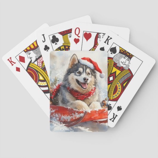 Alaskan Malamute in Sledge Laat het Sneeuw Kerstmi Pokerkaarten (Achterkant)