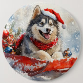 Alaskan Malamute in Sledge Laat het Sneeuw Kerstmi Ronde Button 6,0 Cm (Voorkant)