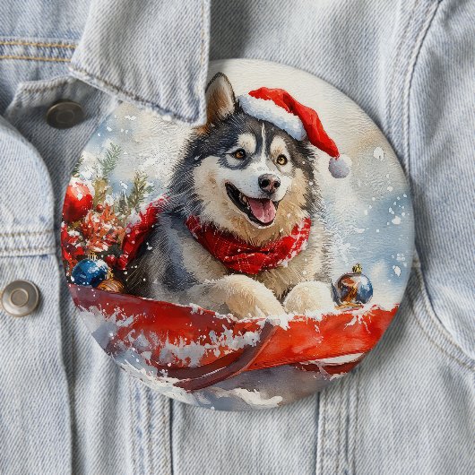 Alaskan Malamute in Sledge Laat het Sneeuw Kerstmi Ronde Button 6,0 Cm (In situ)