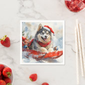 Alaskan Malamute in Sledge Laat het Sneeuw Kerstmi Servet (Insitu)