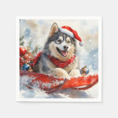 Alaskan Malamute in Sledge Laat het Sneeuw Kerstmi Servet (Voorkant)