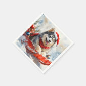 Alaskan Malamute in Sledge Laat het Sneeuw Kerstmi Servet (Hoek)