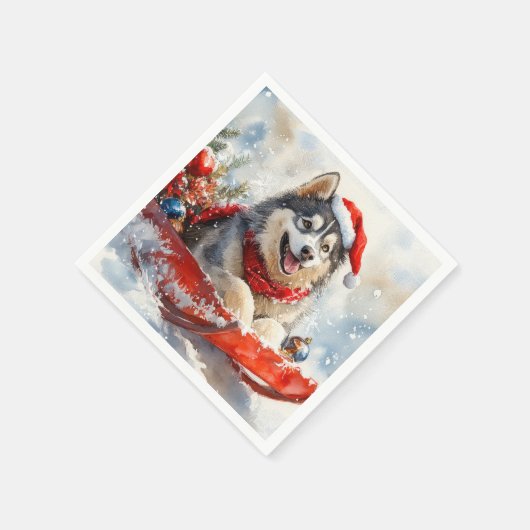 Alaskan Malamute in Sledge Laat het Sneeuw Kerstmi Servet (Hoek)