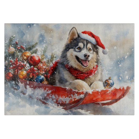 Alaskan Malamute in Sledge Laat het Sneeuw Kerstmi Snijplank (Voorkant)