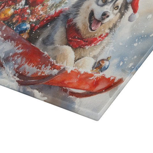 Alaskan Malamute in Sledge Laat het Sneeuw Kerstmi Snijplank (Hoek)