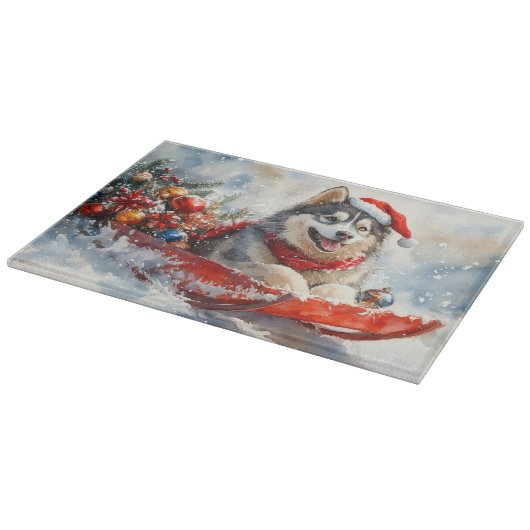 Alaskan Malamute in Sledge Laat het Sneeuw Kerstmi Snijplank (Hoek)